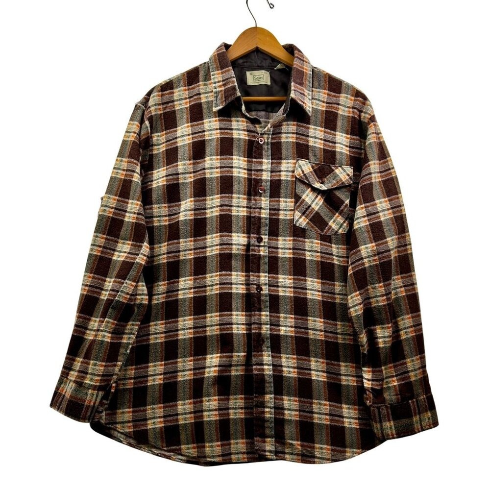 SEARS Flannel Shirt Mens XL Plaid Brown Cozy Dadcore Button-Up Vintage Americana - Picture 2 of 5